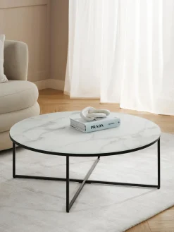 Mesa De Centro Grande Antigua, Tablero De Vidrio En Aspecto Marmol