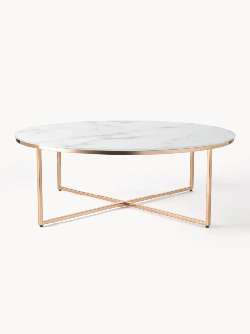 Mesa De Centro Grande Redonda Antigua, Tablero De Vidrio En Aspecto Marmol