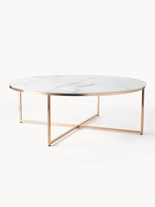 Mesa De Centro Grande Redonda Antigua, Tablero De Vidrio En Aspecto Marmol